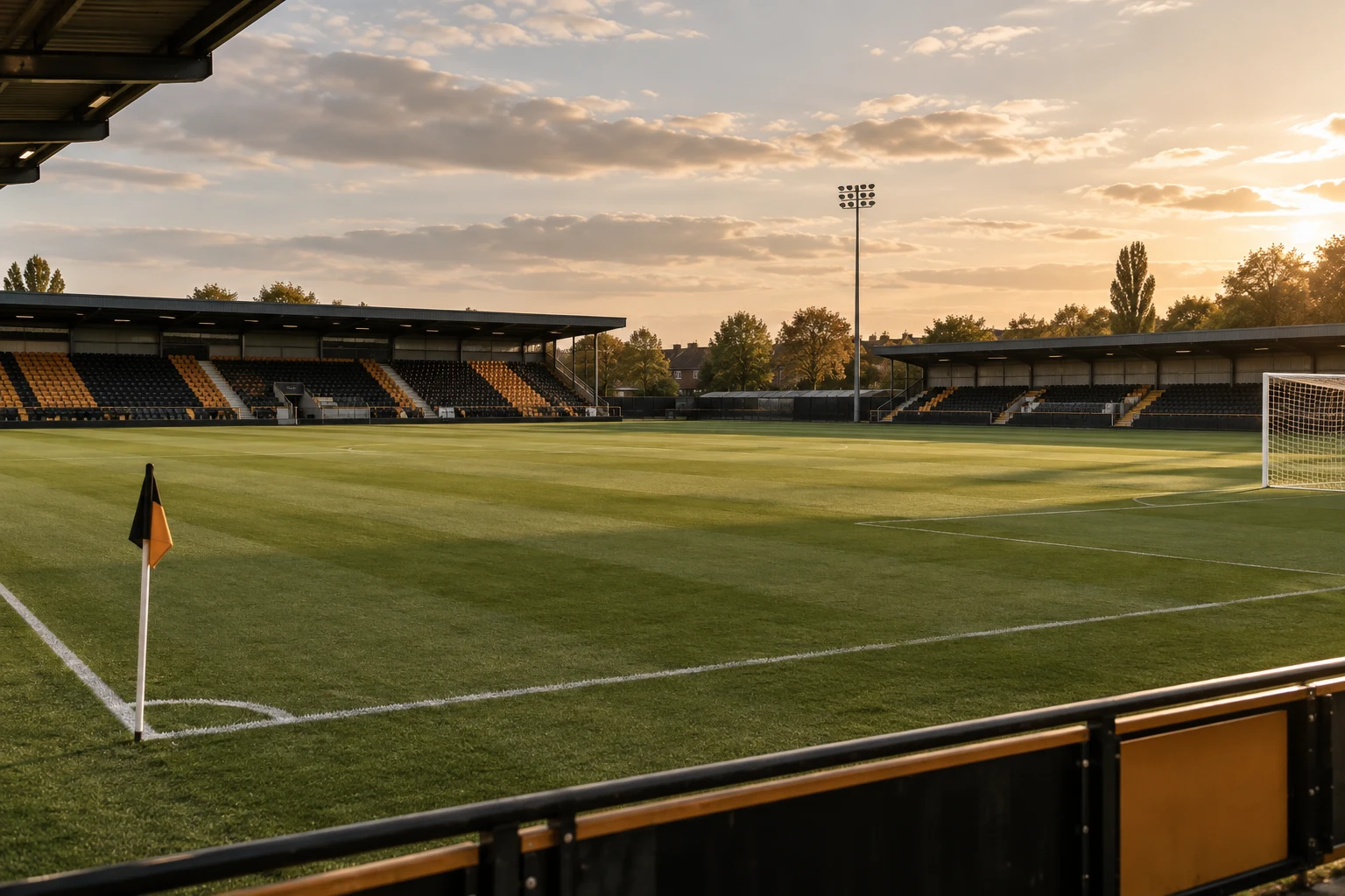 An empty English football pitch with modest amber and dark stands; an editorial illustration.